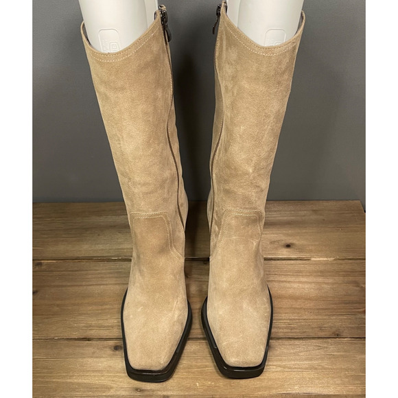 Vince Camuto Women's Babellie Mid Calf Boots Size 9 Taupe Suede Cowboy Western - Picture 4 of 16
